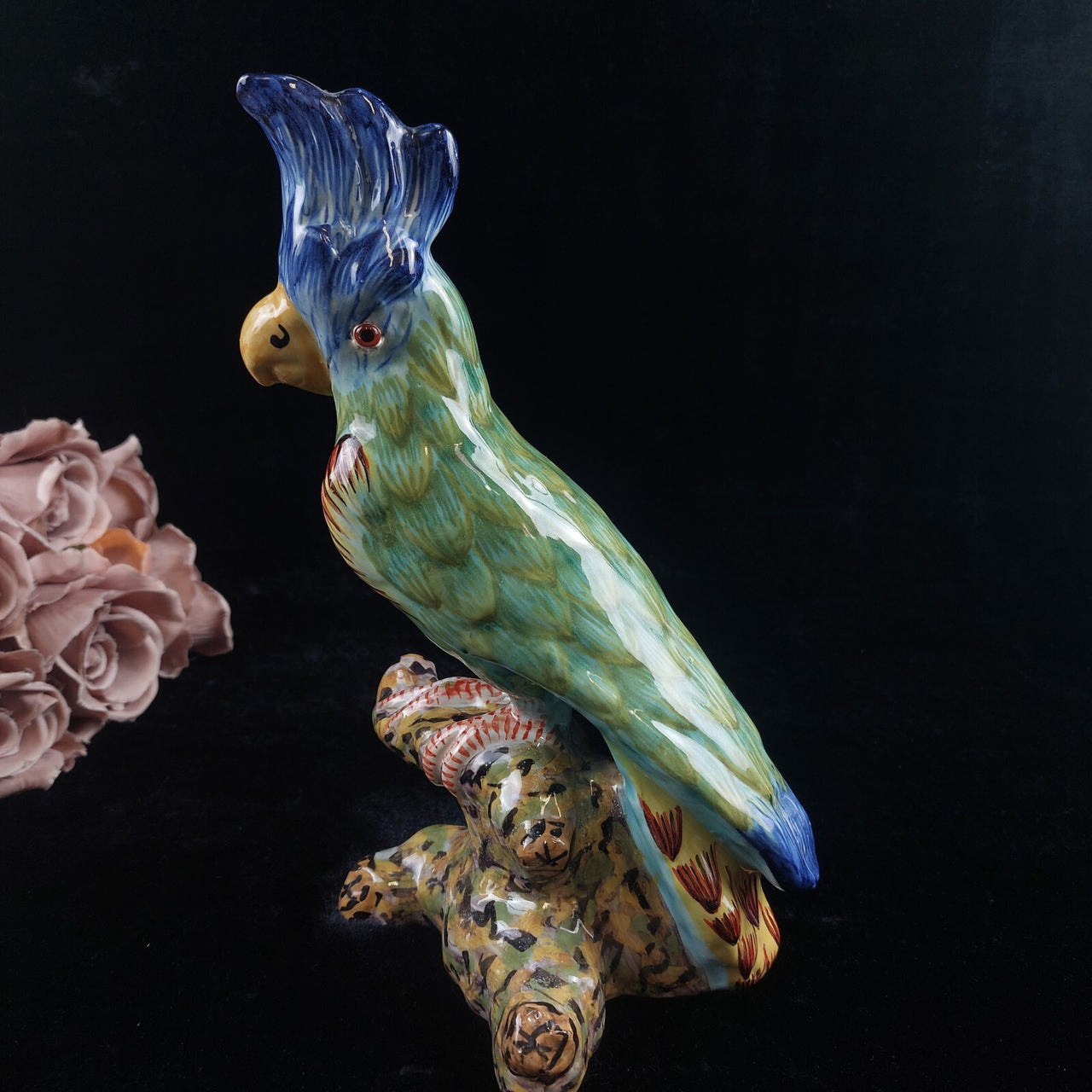 Antique c1890 France Desvres Fourmaintraux Parrot Faience porcelain Cockatoo 10"2