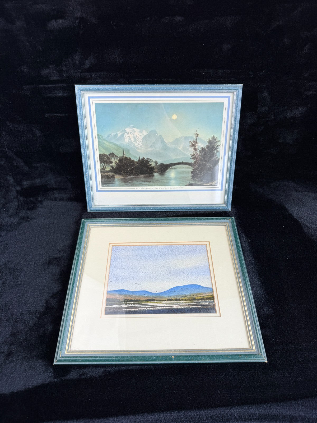 A Pair of Vintage Landscape Prints Coastal & Swiss Alps Marshlands blue green10