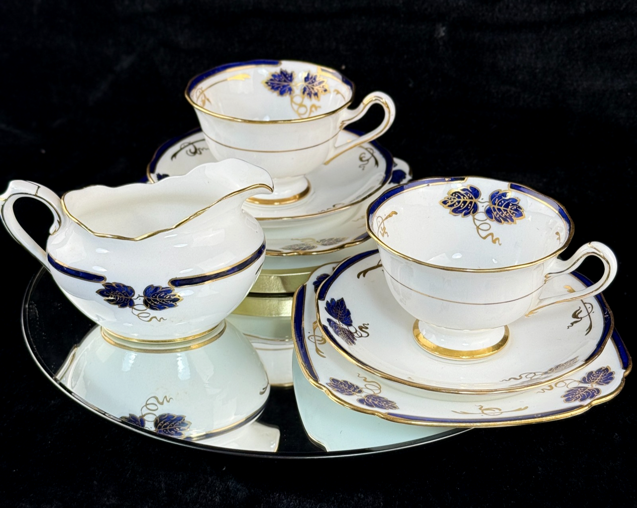 Rare Royal Albert Crown China Blue Gold Leaf Tea Set Trio x2 & Jug England 1930s0