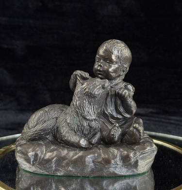 Vintage Bronze signed Baby with Dog Sculpture – 4.5