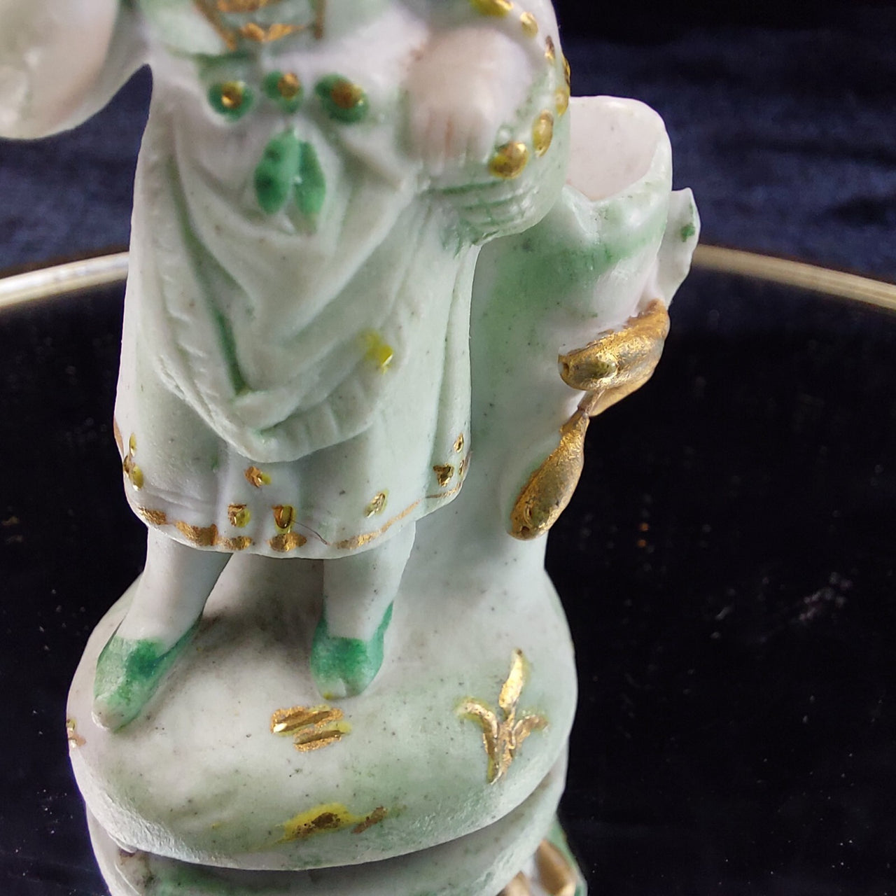 Antique Porcelain German Figurine Child w/ Boot Vase Green Gold Accents 2.5”2