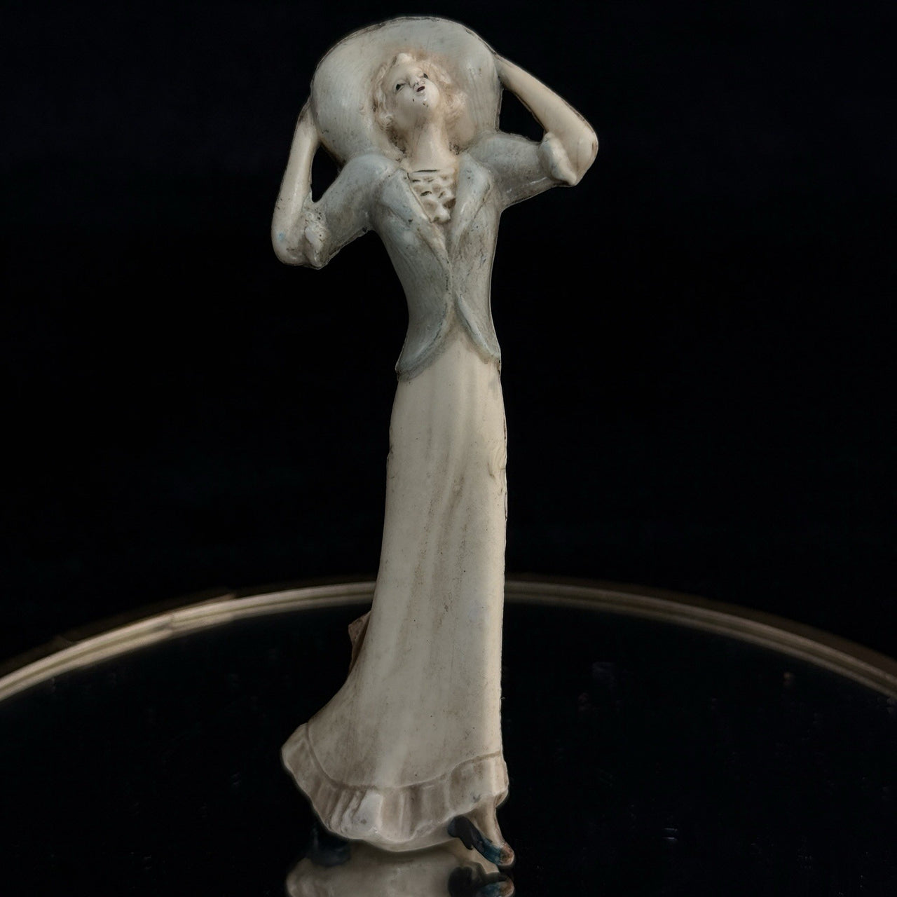 Celluloid Miniature Lady Figurine – Art Deco 1920s Style Woman in Blue Hat– 4”0