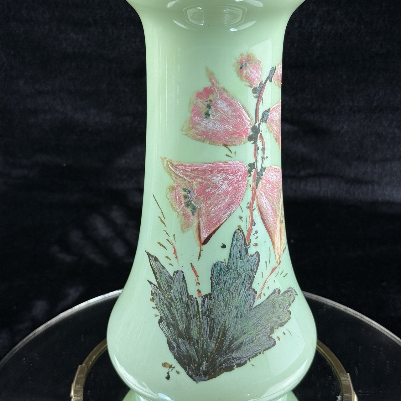 Milk Antique Glass Vase Pink Bell Flowers 10.5” Green Enamel Gilt bohem decor3