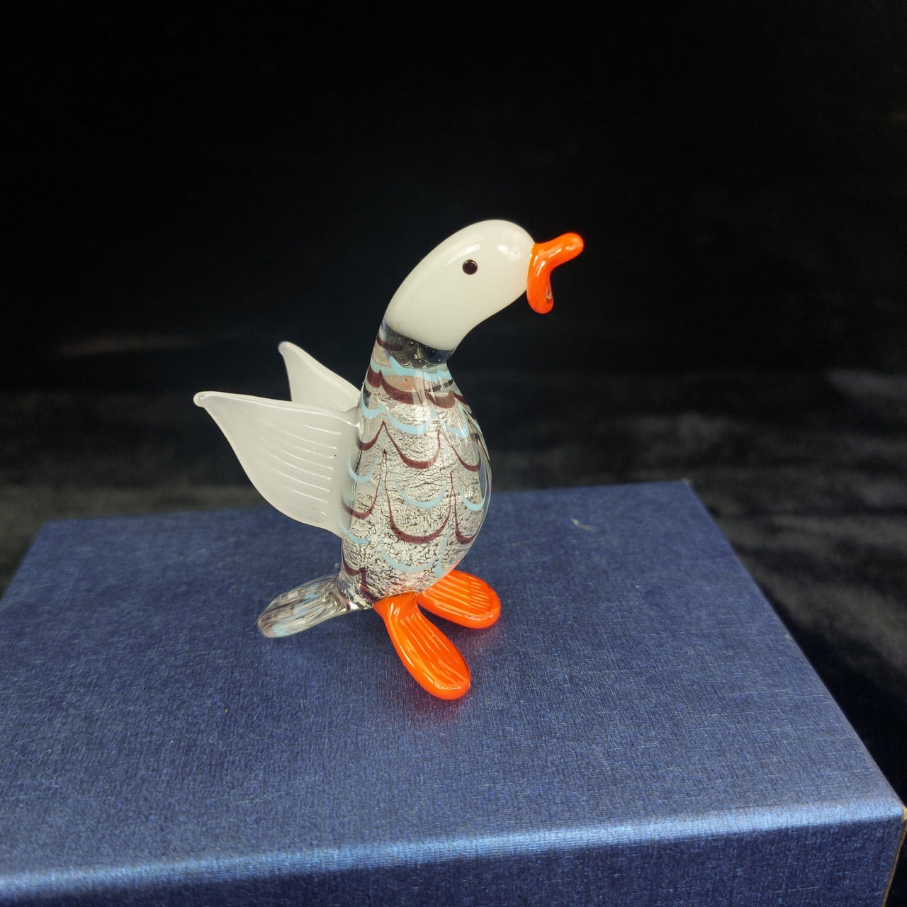 Handmade Glass Figurine Duck Orange Feet Clear Wings Bird Ornament Good Boxed 3"0