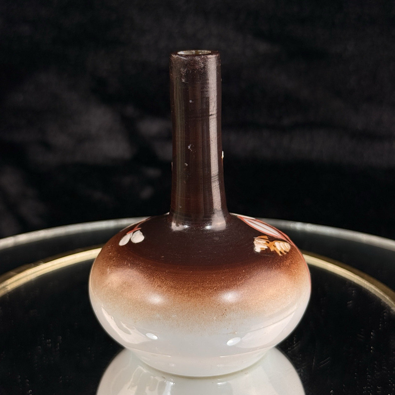 Antique Vintage Japanese Mini Vase Hand Painted Brown White Floral Narrow Neck 43