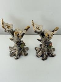 Thumbnail for Vintage Iridescent Bird Figurines Pair Tree Trunk Base Gold Trim Gift Roses7