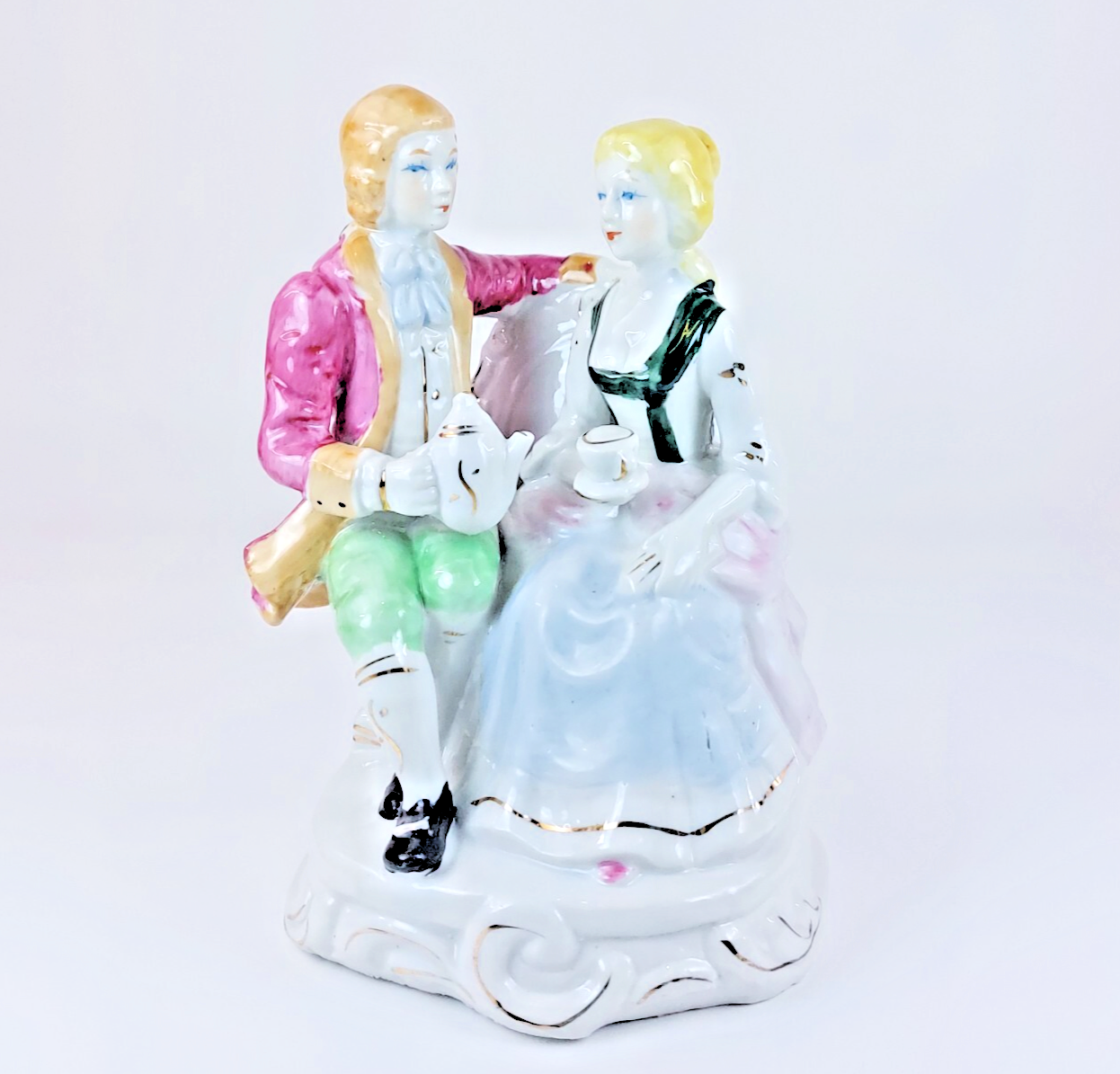 Rare Tea Porcelain Time figurine , Pink and Blue Accents victorian style deco 7"0