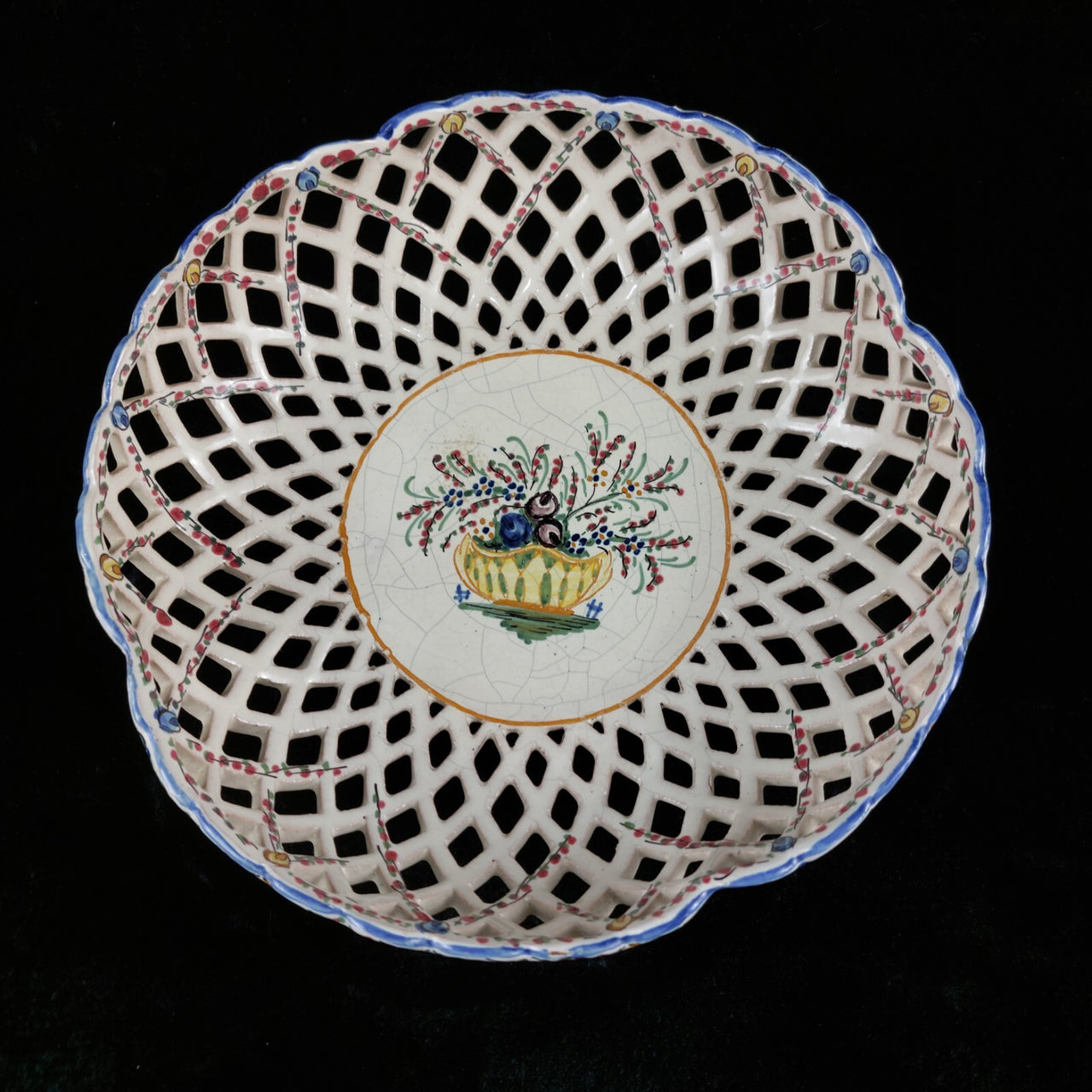 Mid-Century Italian Ceramic Lattice Bowl Hand-Painted Floral Design, gift plate.7