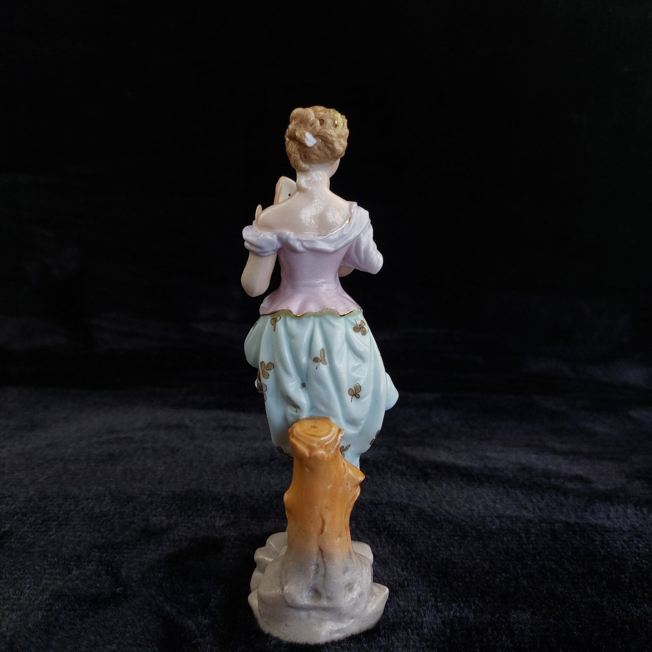 German Porcelain Lady Figurine Holding Mask Flowered Dress Victorian Antique2