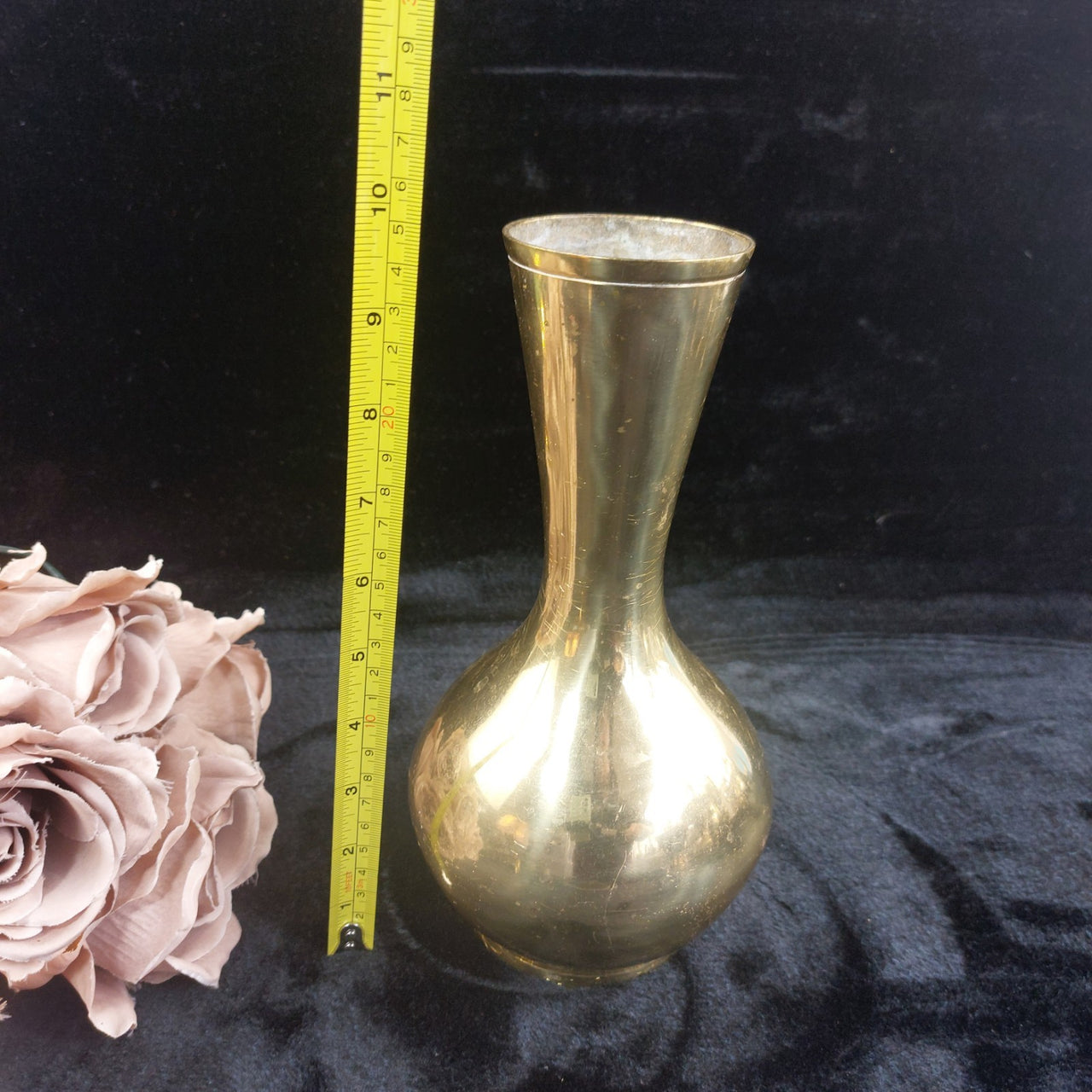 Vintage Brass Bud Vase 10" Tall 0.523kg Patina Acceptable Worn Condition Gold1