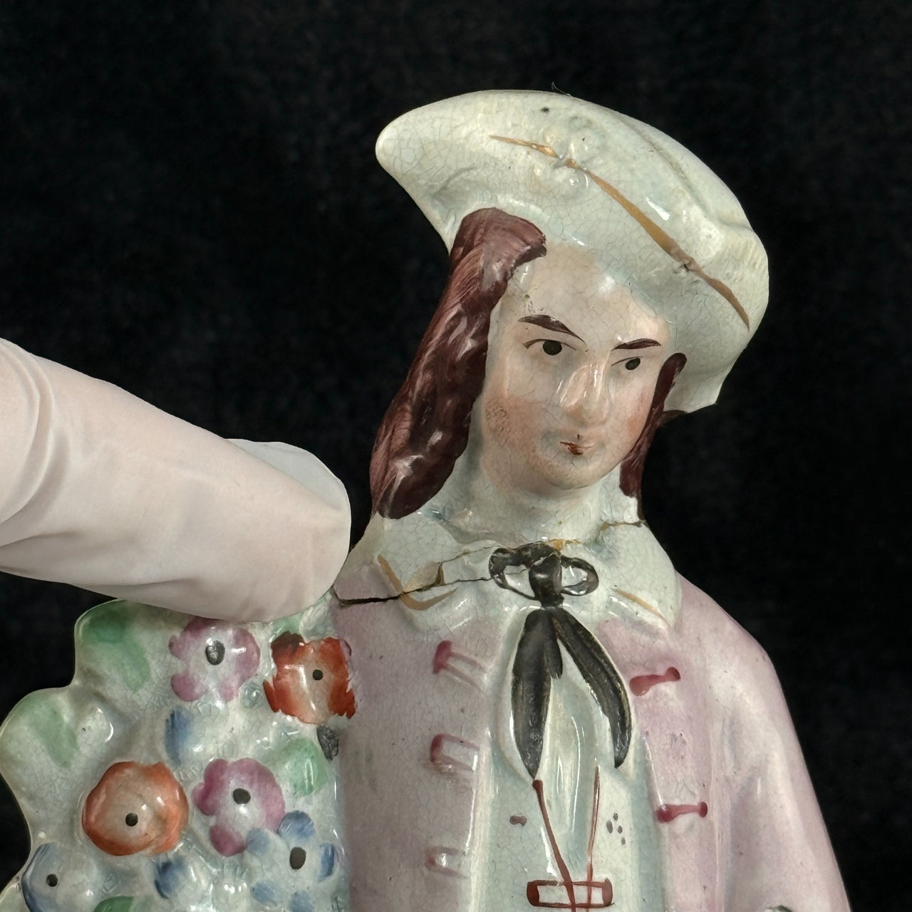 1800s antique Staffordshire Figurine Man Pink Jacket Floral Column repaired3