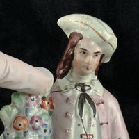 Thumbnail for 1800s antique Staffordshire Figurine Man Pink Jacket Floral Column repaired3