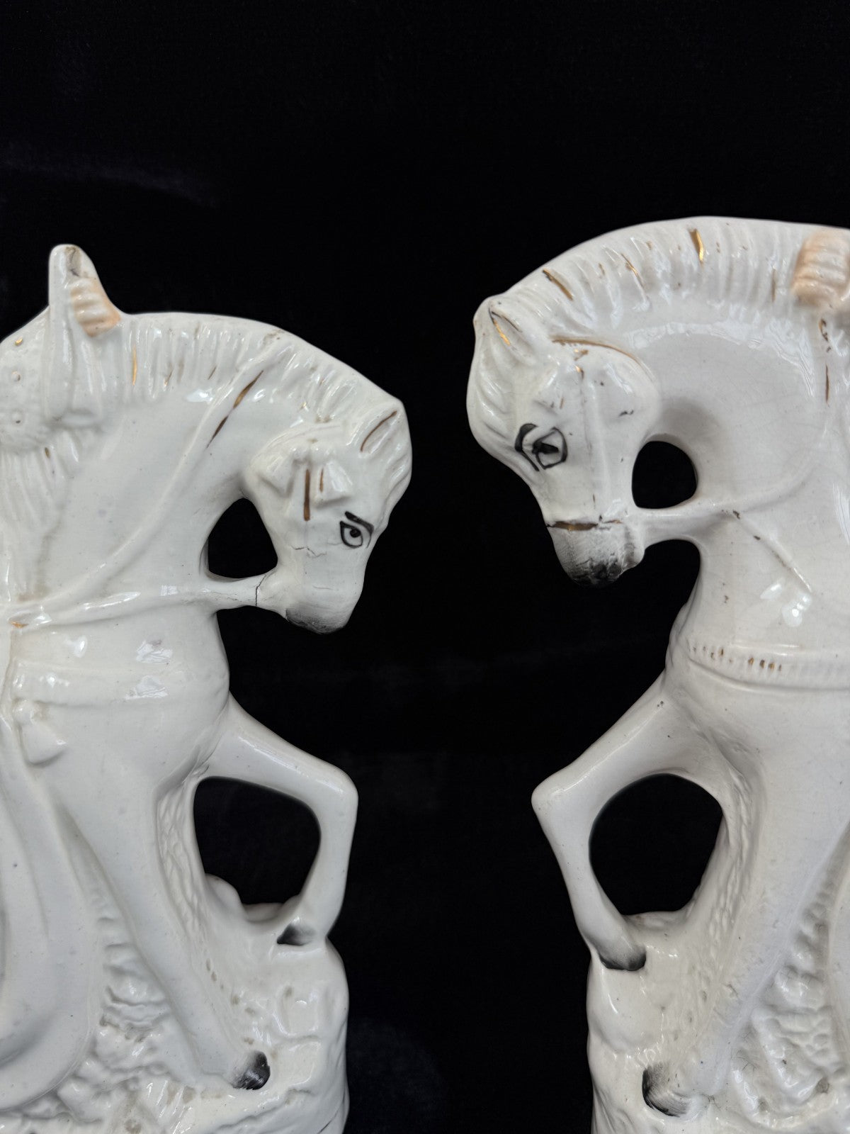 Antique Porcelain Staffordshire Cavalier- Horse Figurine Pair decor see one head14