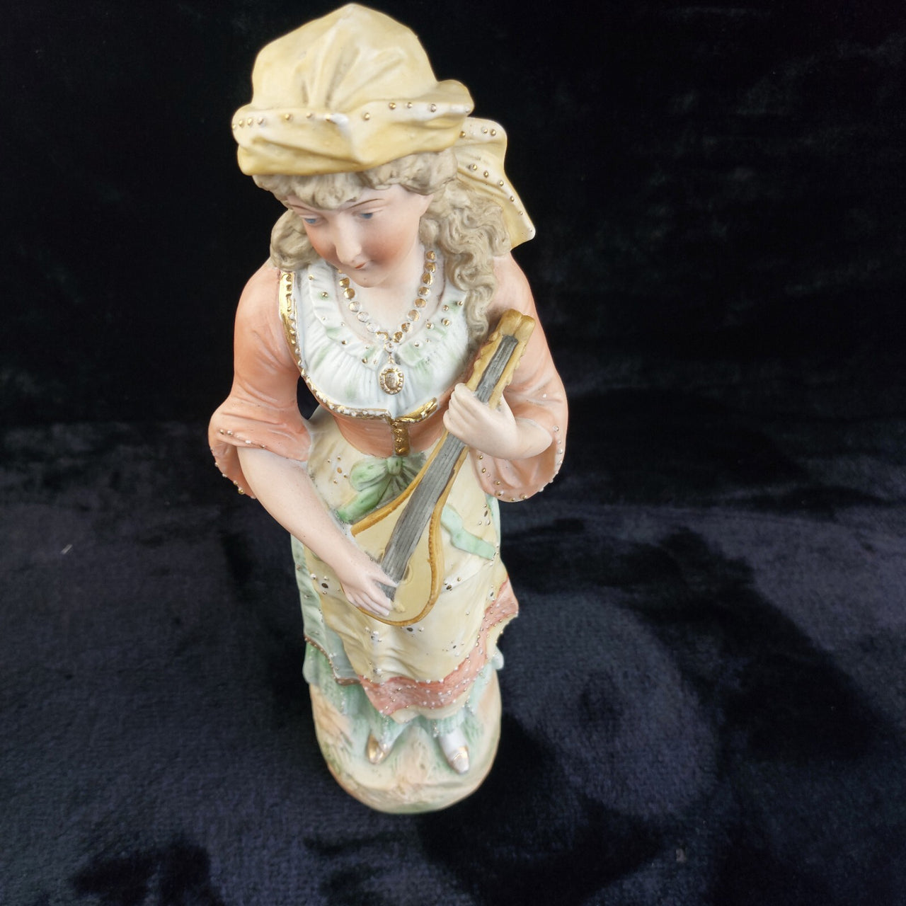 Antique 15in German Bisque Figurine Lady Mandolin Musician Hand Painted Gilt3