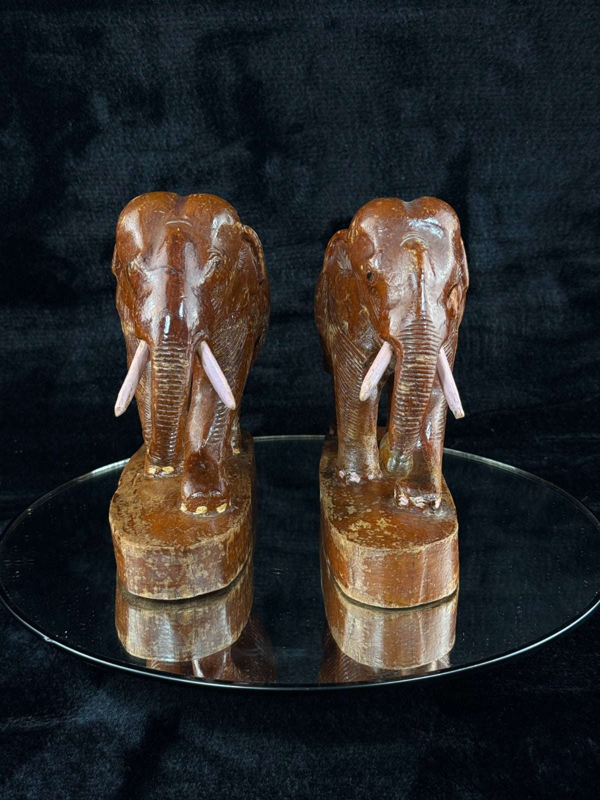 Hand Wooden Carved Elephant Pair – India Figures with Pink Resin Tusks 7 Vintag4