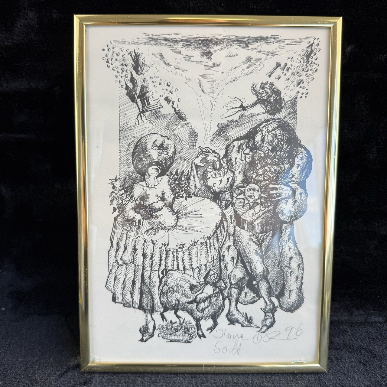 Original Signed & Dated Pen & Ink Drawing Framed Lions & Goats Folk Art Picture15