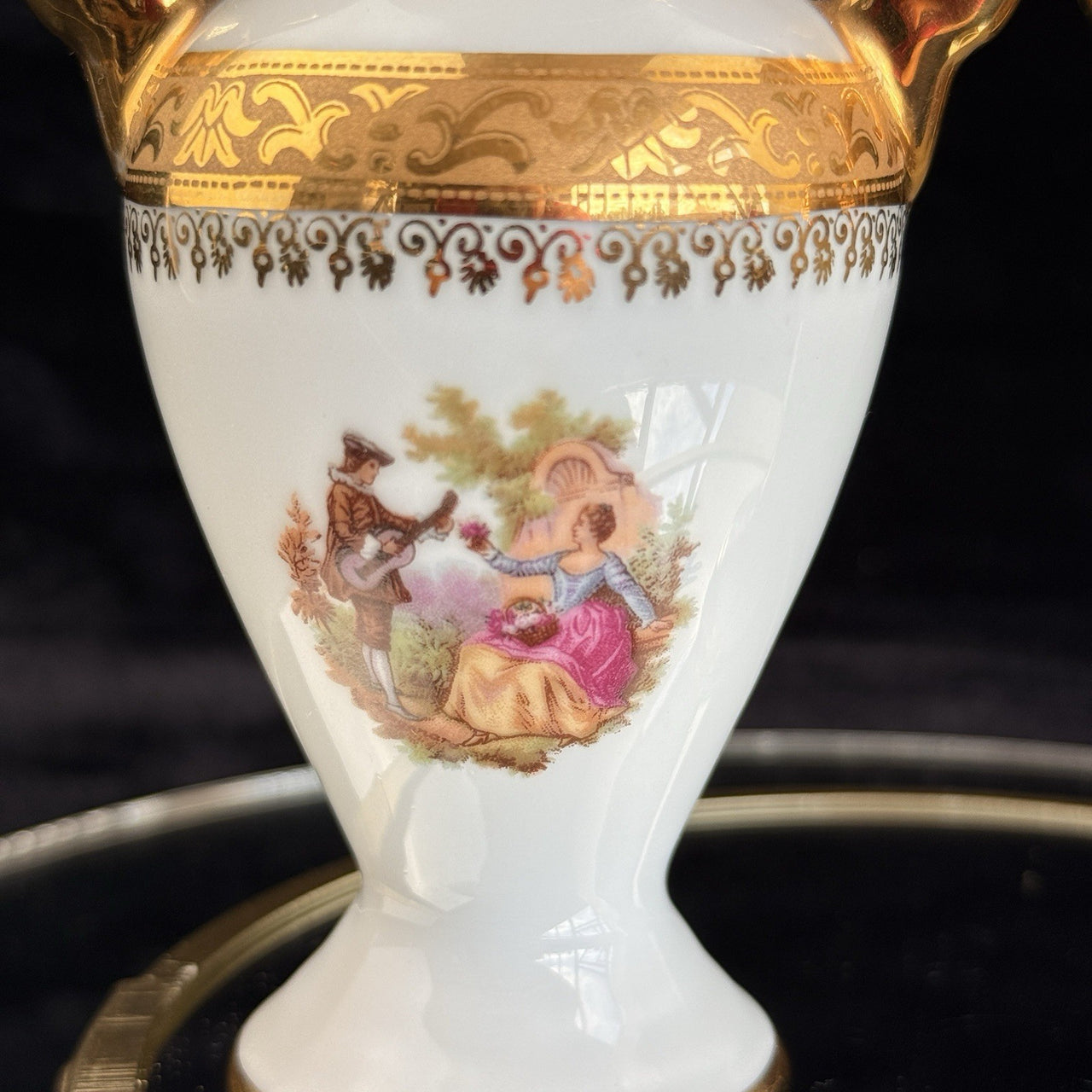 Pair of La Reine Limoges Porcelain Vases Gold Gilt Romantic Courting Couple19