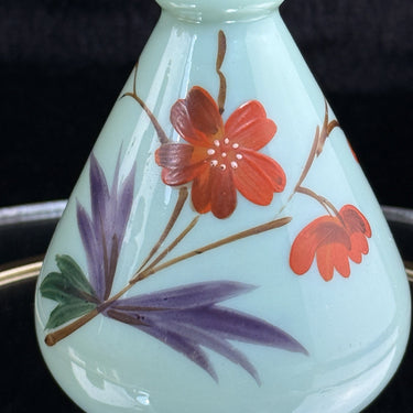 Antique Milk Glass Vase Red Floral Enamel 7” Bud Bottle Style decor see pics1