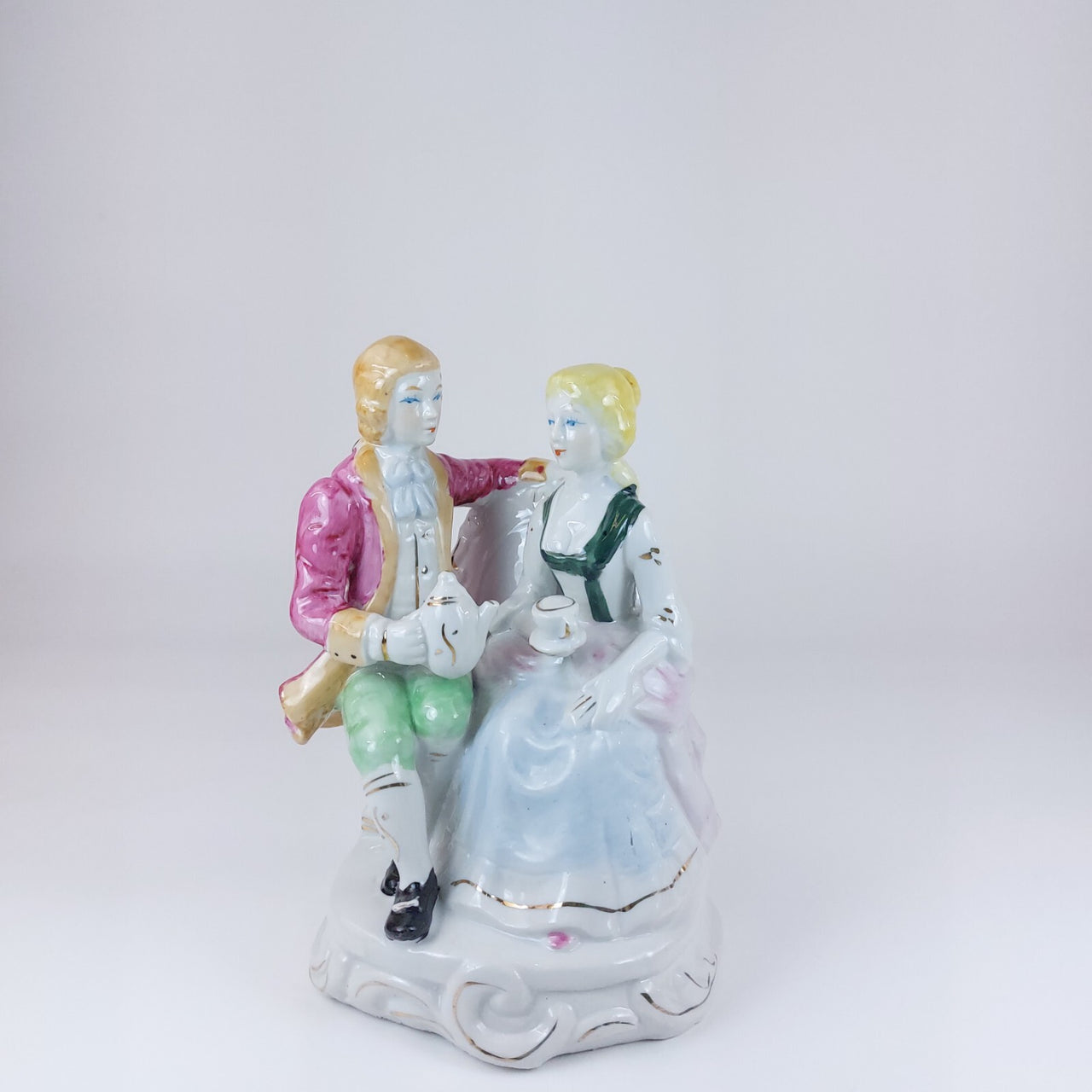 Rare Tea Porcelain Time figurine , Pink and Blue Accents victorian style deco 7"2