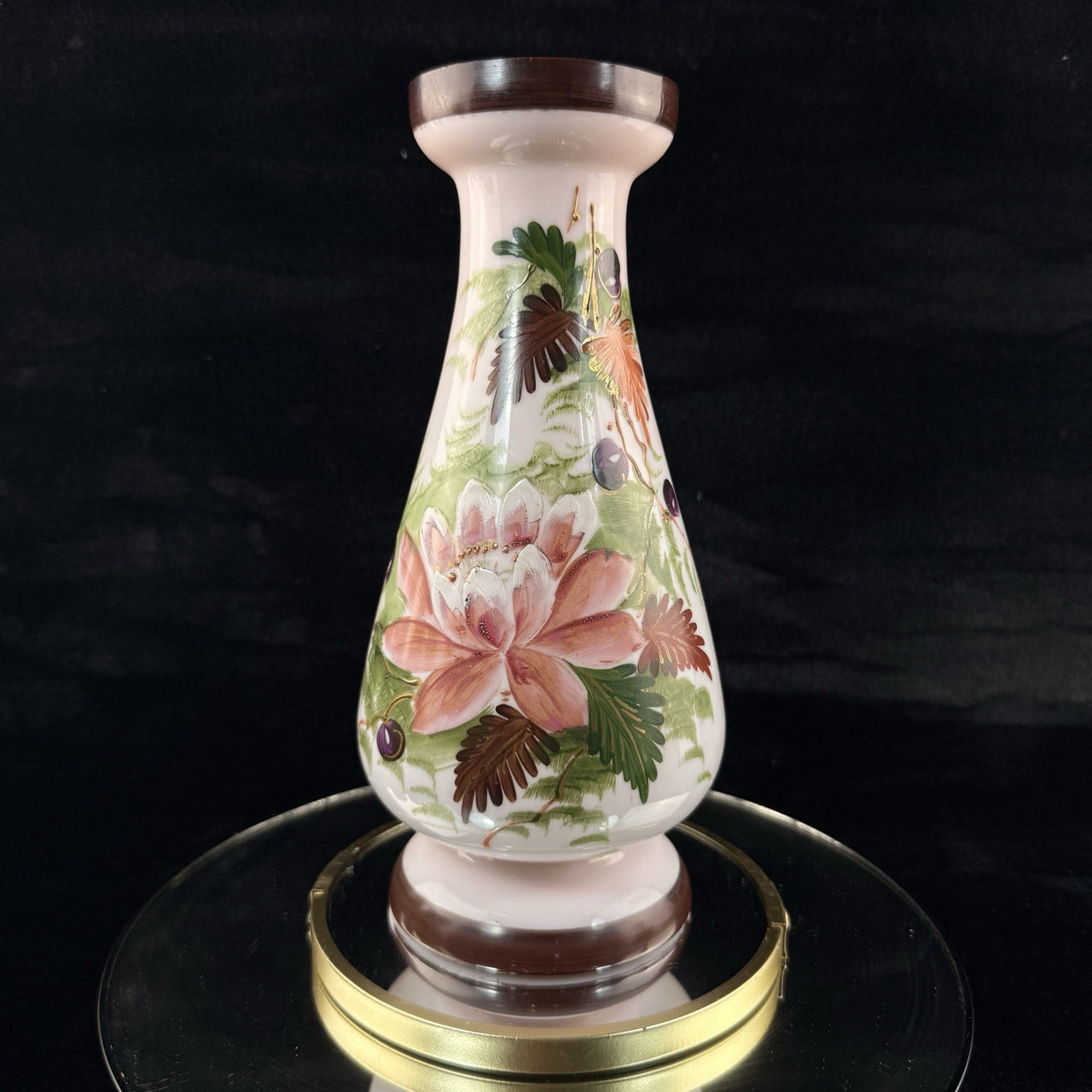 Pink Bohemian Glass Antique Vase 10” Floral Enamel Victorian Art Nouveau decor1