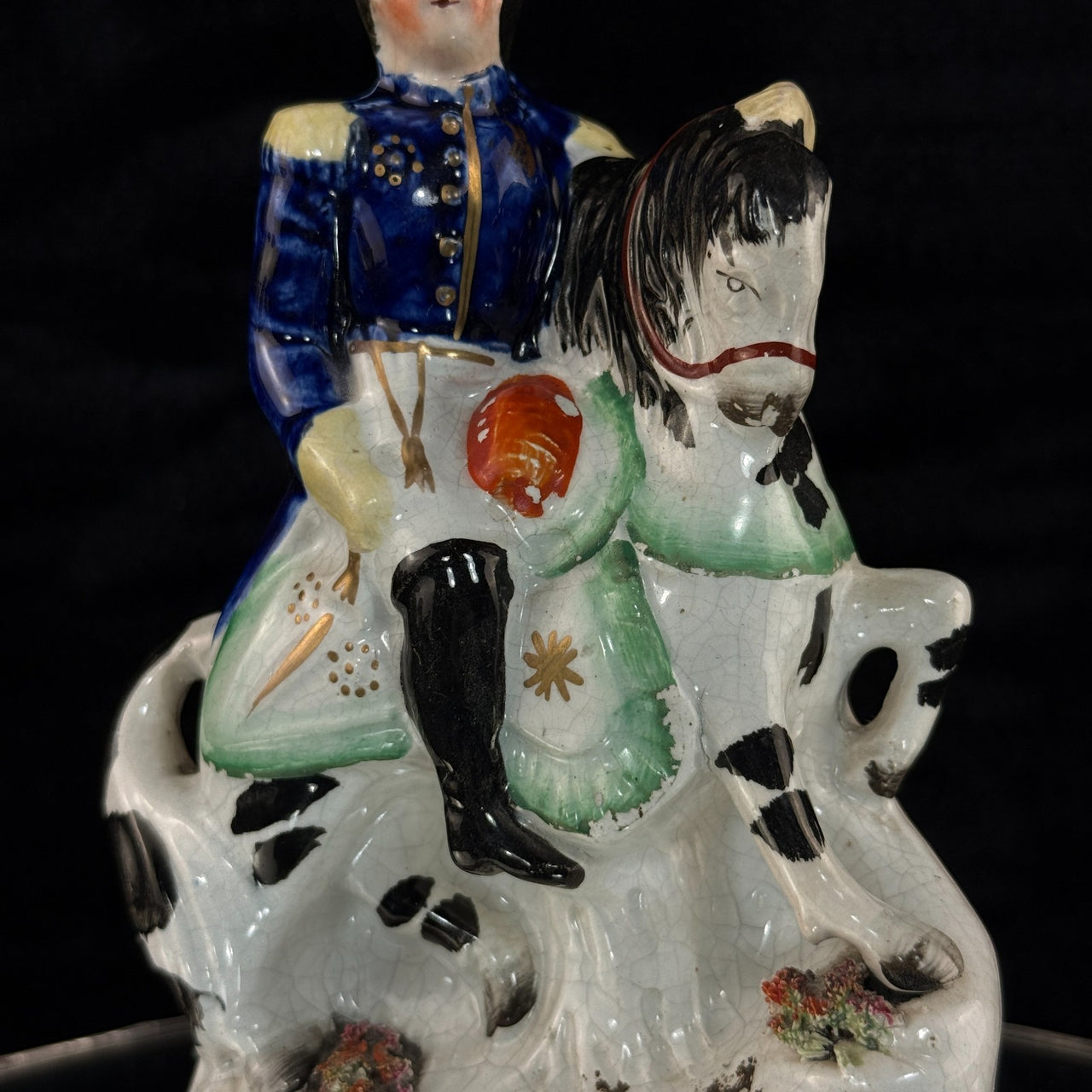1800s antique Staffordshire Soldier on Horse Pottery Figurine Hand Painted 8"6