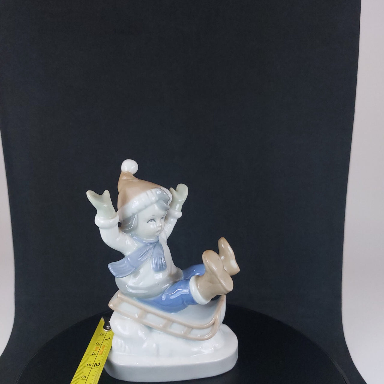 Vintage German Porcelain Child on Sled Figurine Winter Scene Ornament 12cm18