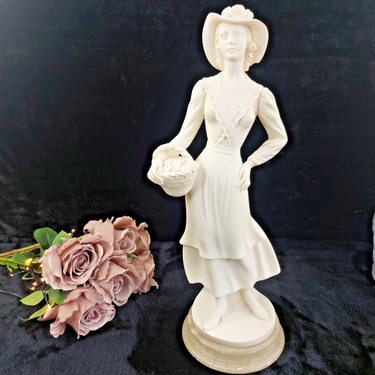 Studio G. Bessi Lady Figurine Signed Resin, Country, hat damaged , 17