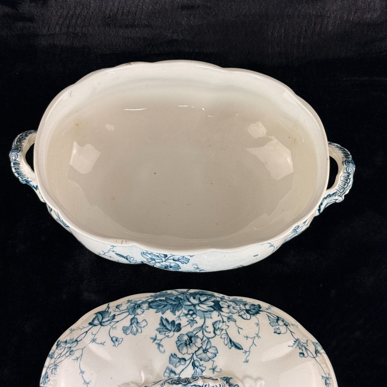 S.H. & Sons 'Ruby' Blue Transferware Tureen Lidded Floral Dish England 11” Large9