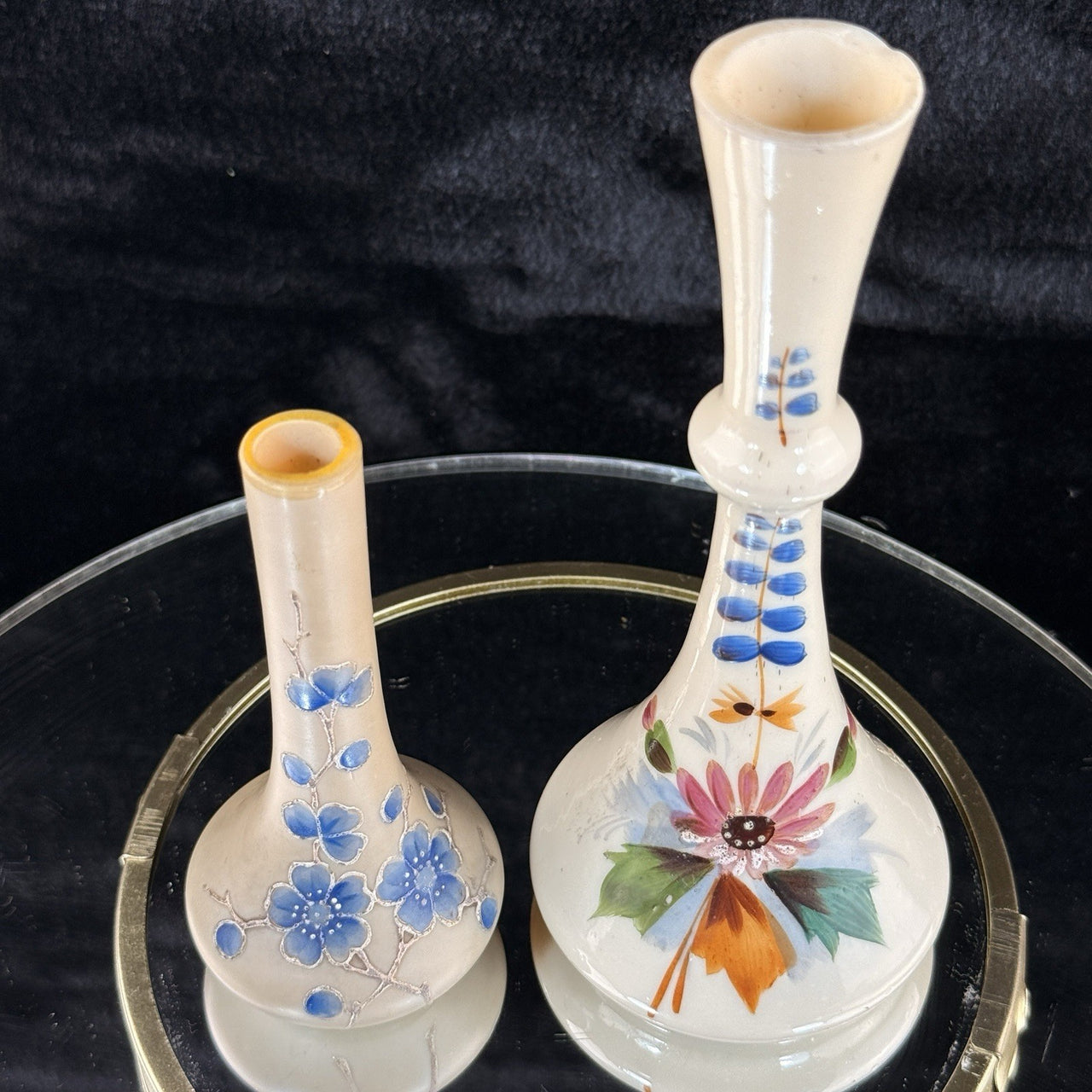 Vintageantique Hand Painted Milk Glass Bud Vase pair Floral Motif Blue Enamel11