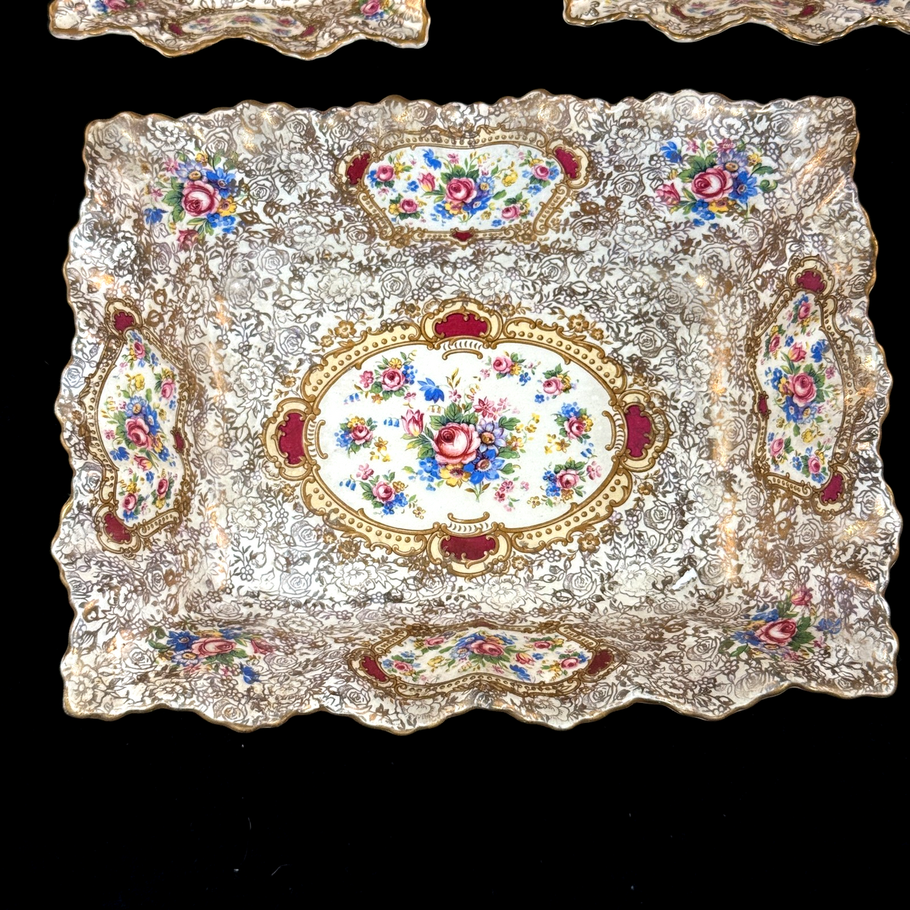James Pompadour Kent Chelsea Bowls x6 Center Dish Vintage Floral Gilt Set Large1