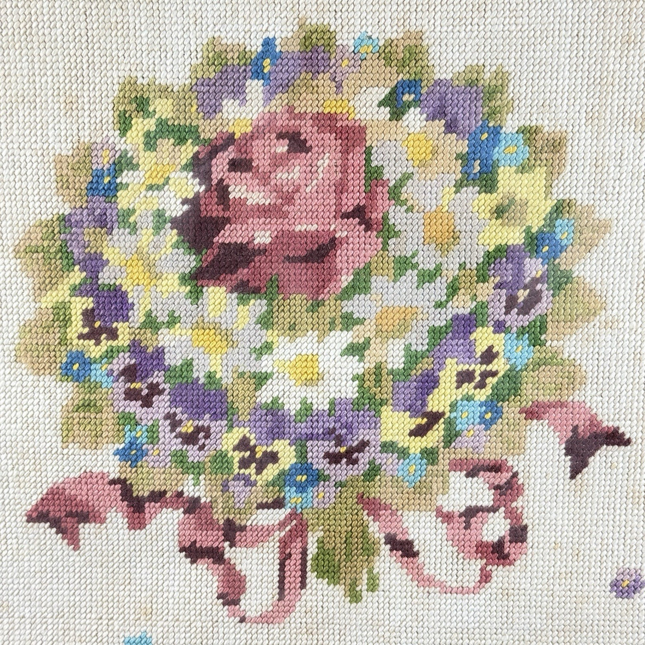 Floral Framed Needlepoint Tapestry Pink Rose Daisy Bouquet 2015” Wood Frame.1