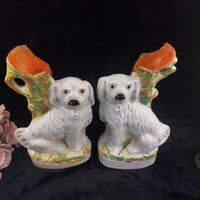 Thumbnail for Rare Antique Dog Staffordshire Pair 13â Mantle porcelain Victorian decor White8