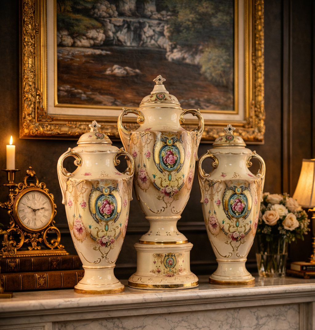 Antique English Alton Ware Urns Set Hand Painted Roses Gilded Porcelain Vase Set0