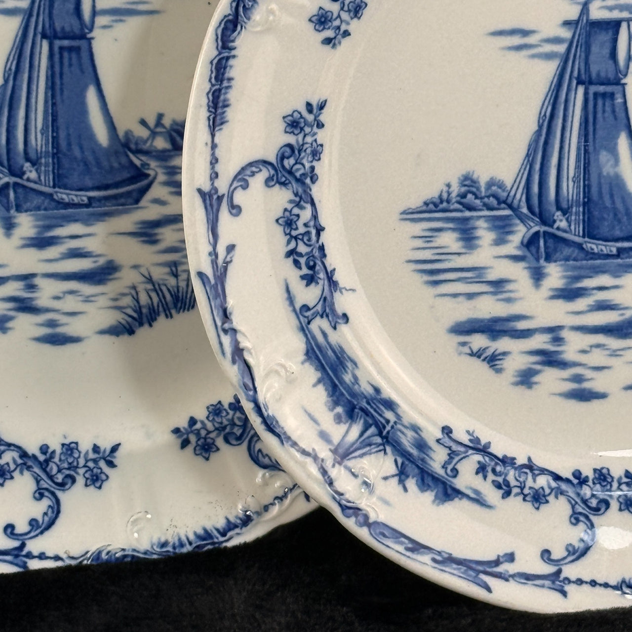 Delph & Blue White Transferware Plates Sailboat Scene x2 Antique, 1890s decor UK7