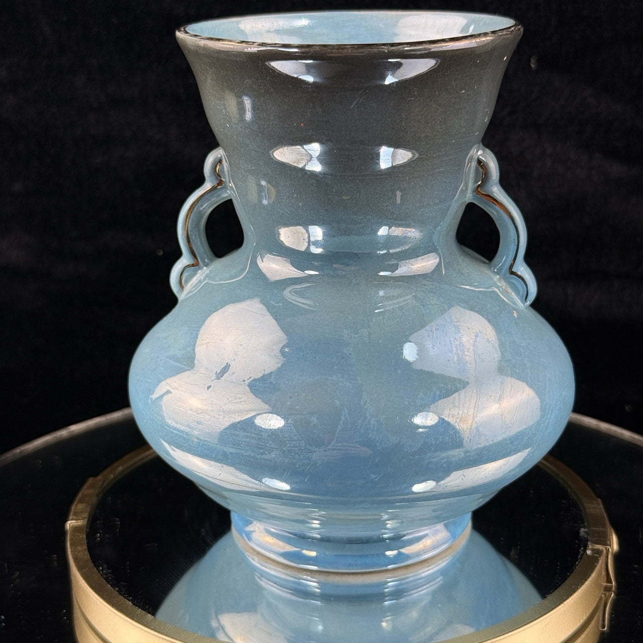 Antique Maling Vase England –Blue Glazed Handle Twin Urn Shape 6.5” decor China,6
