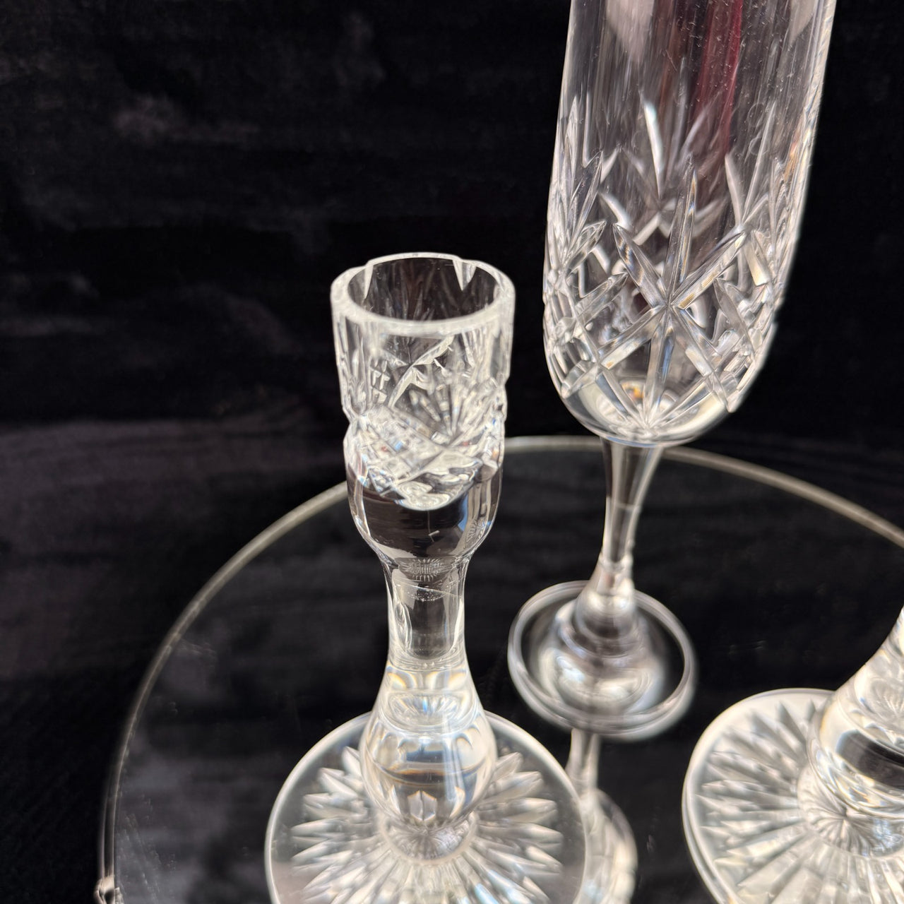 Vintage Cut Crystal Glassware Set – 6 Champagne Flutes & 2 Candlestick Holders8