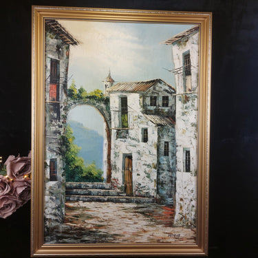 Framed Oil Painting gold – Signed by Maria European Village Scene Collectable1