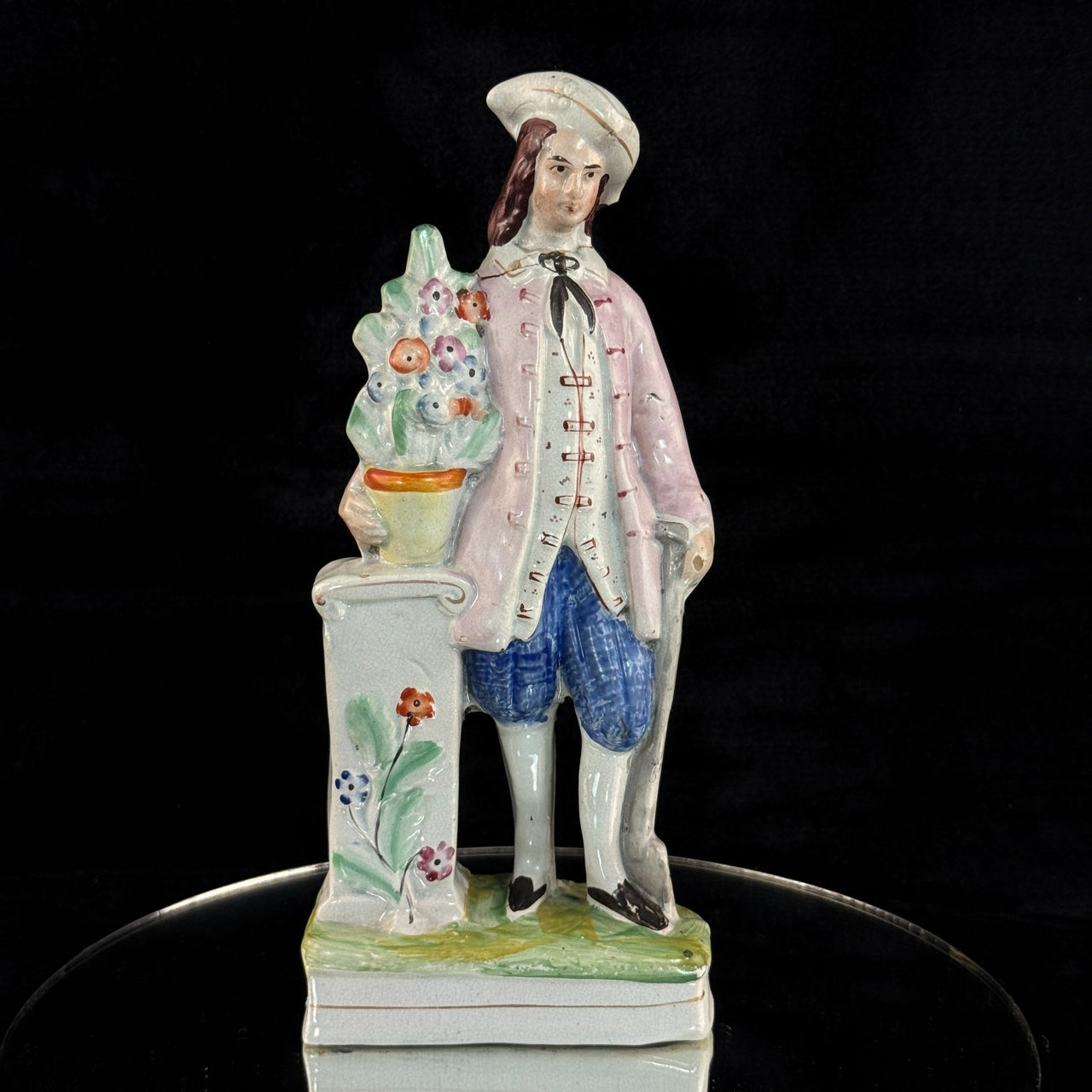 1800s antique Staffordshire Figurine Man Pink Jacket Floral Column repaired1