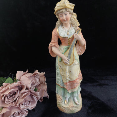 15in Antique German Bisque Figurine Lady Mandolin Musician Hand Painted Gilt1