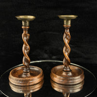 Thumbnail for Antique Twist Barley Wood Candlesticks 8” Pair candle Holders English Brass.8
