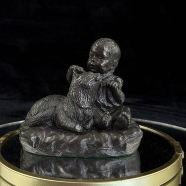 Vintage Bronze signed Baby with Dog Sculpture – 4.5