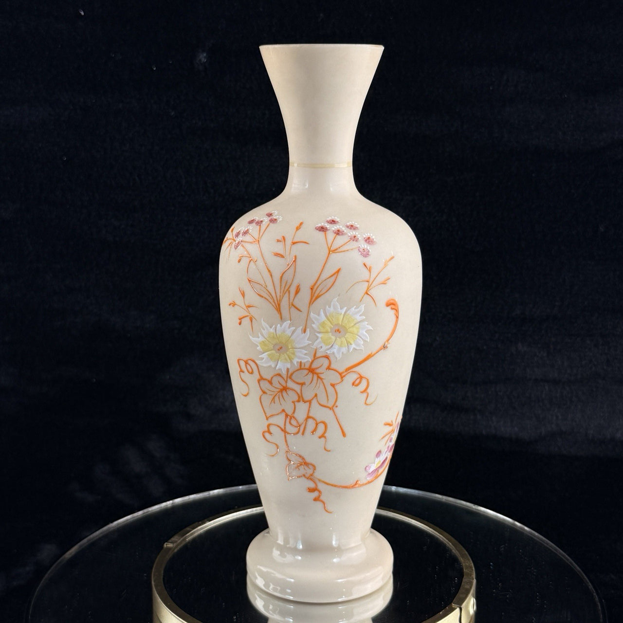 Antique Vintage Hand Painted Milk Glass Vase Floral Enamel Tall 10” Art Deco Sty7