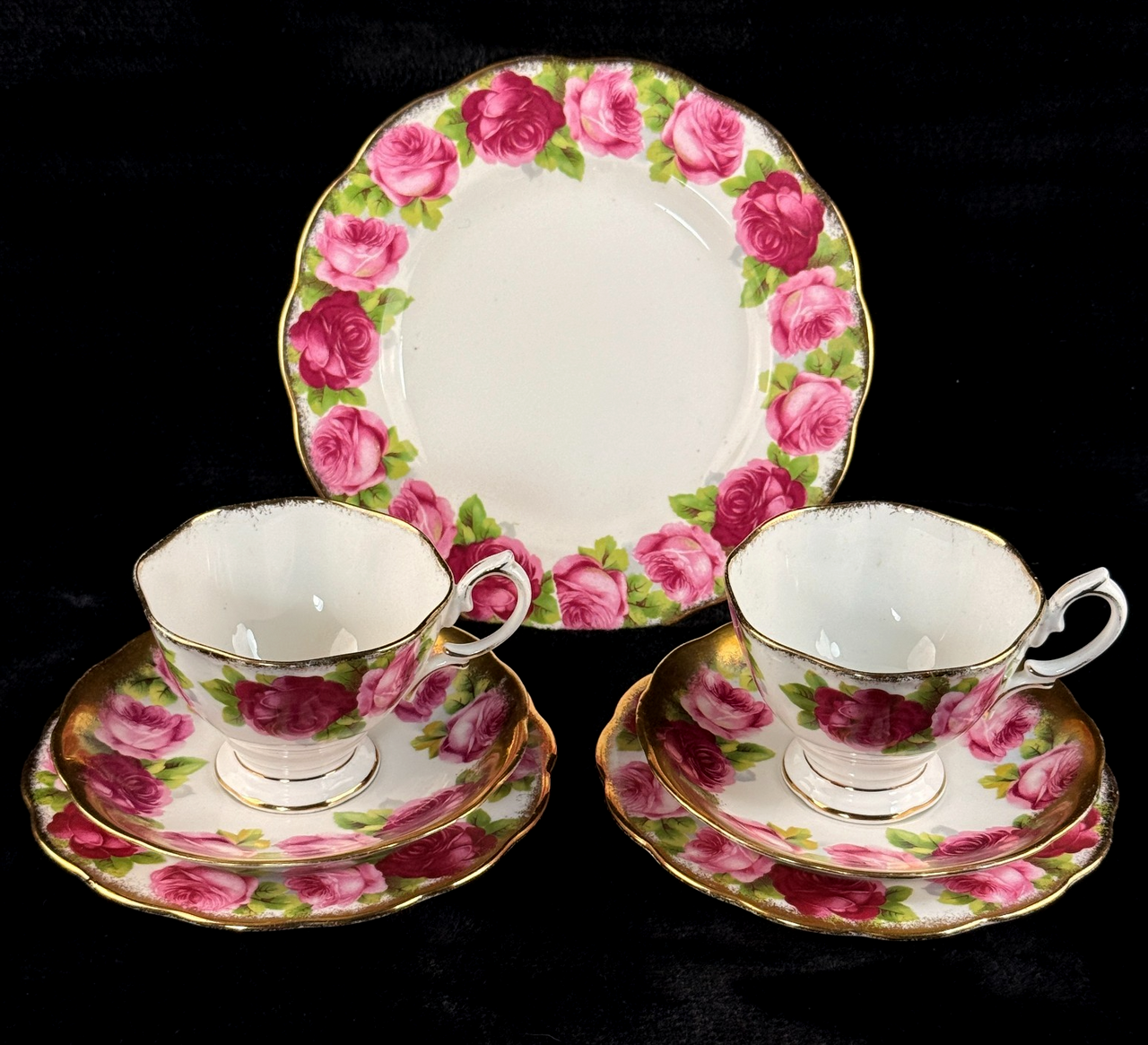 Pink Royal Albert Old English Rose Trio x2 & Serving Plate Bone China England0