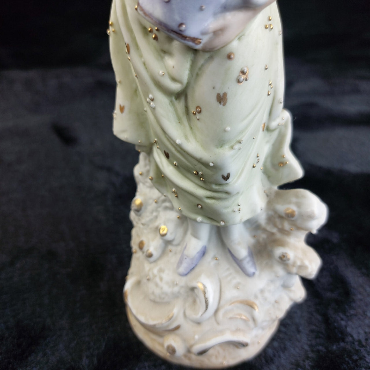 German 9in Bisque Figurine Girl Watering Can Antique Hand Painted Gilt Accents9