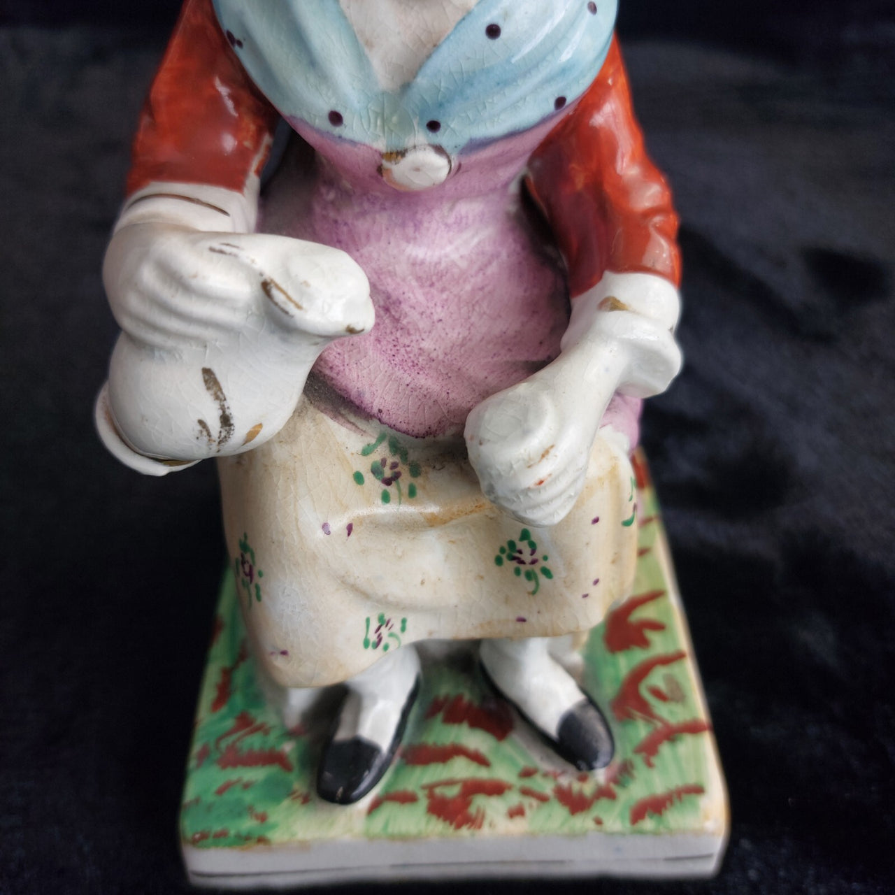 Antique Staffordshire Figurineâ Woman bluescarf , holding Teapot Painted 1880.3