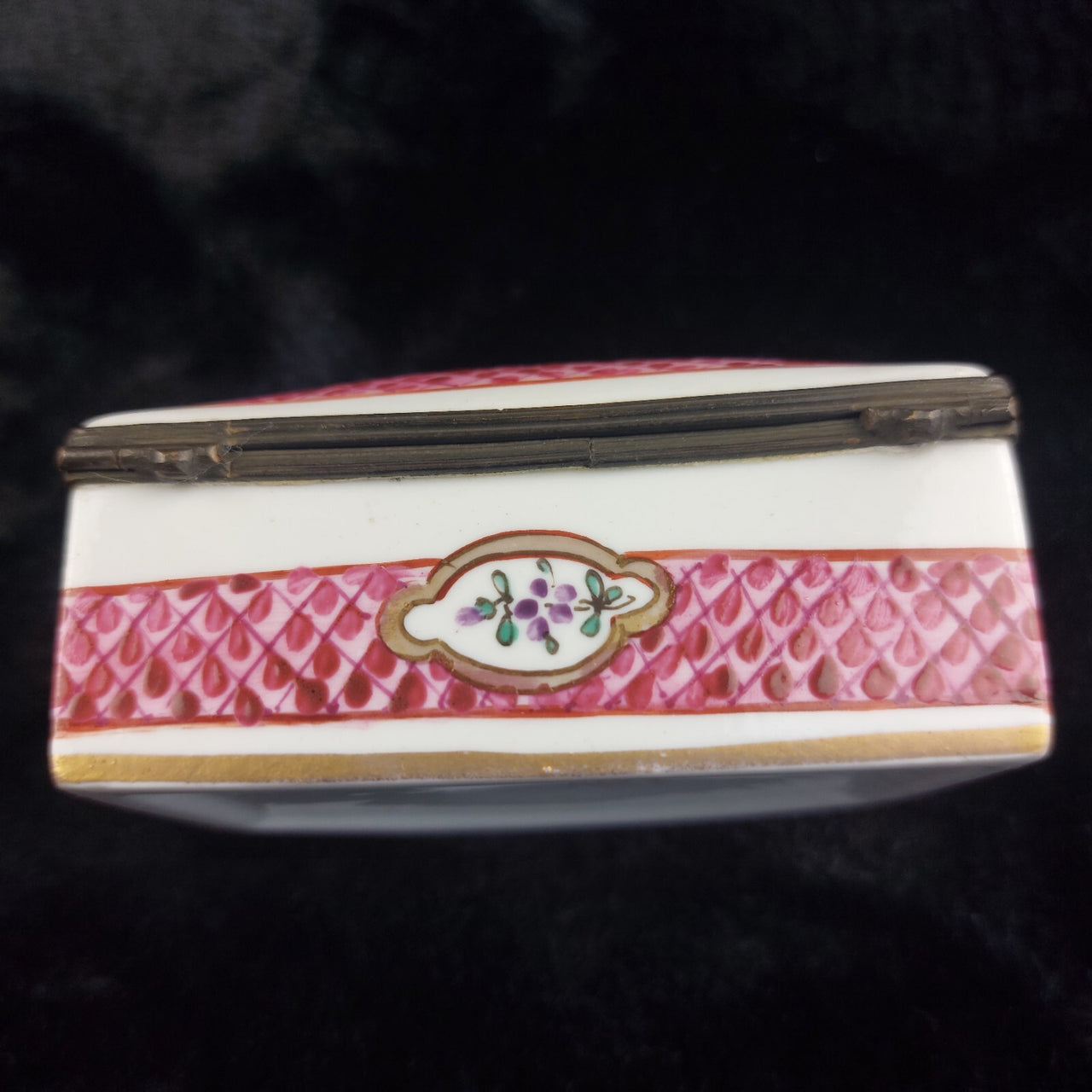 Chinese Porcelain Trinket Jewelry Box Floral Pink Lattice 3" Metal Hinged Lid9
