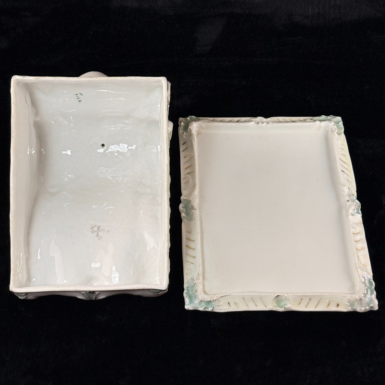 Antique Porcelain butter dish Tureen Art Nouveau Floral Green Gilt Handle 9"x8"11