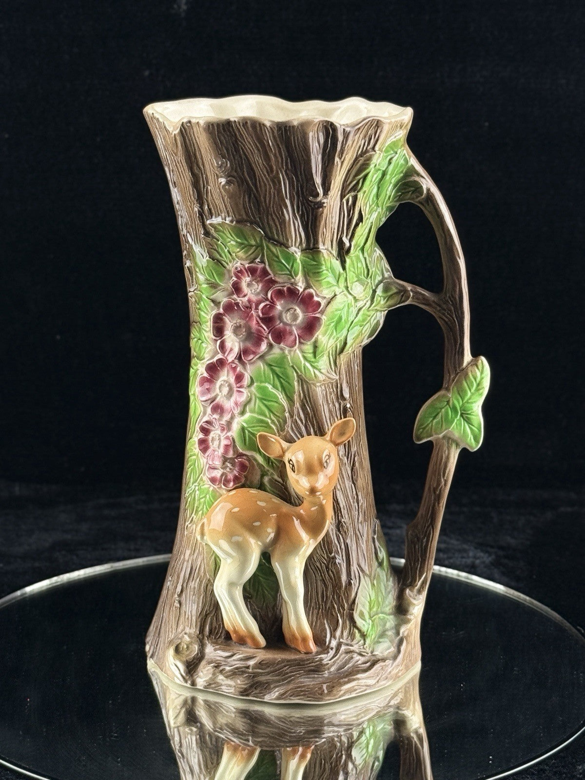 Hornsea Pottery Fauna Royal Vase Woodland Tree Trunk Deer Flowers 10" Decor1