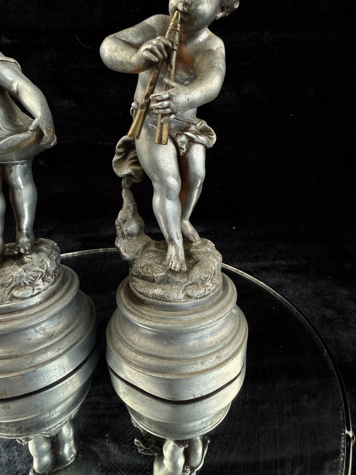 Antique French Cherub / Putti Metal Figurines "Silence" & "Music" by C. Kalf?5