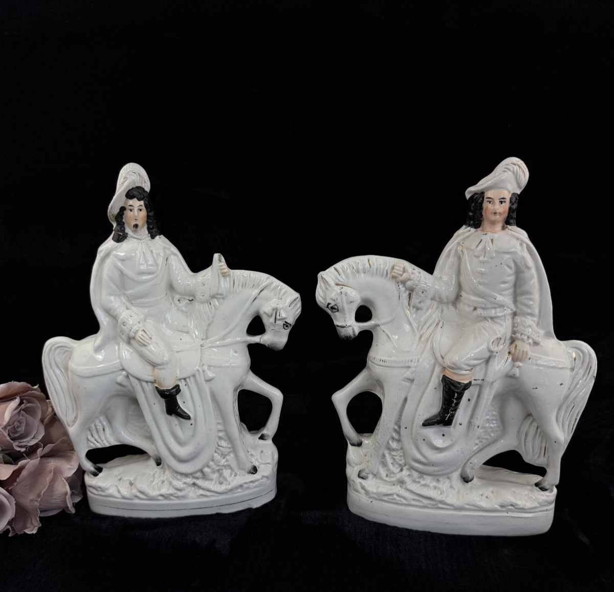 Antique Porcelain Staffordshire Cavalier- Horse Figurine Pair decor see one head0